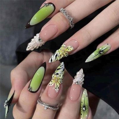 24Pcs Green Long Fake Nails Gradient Green Flower French Tip Press on Nails With Rhinestone Design Full Cover Acrylic Nails for Women Summer Nail Art Supplies