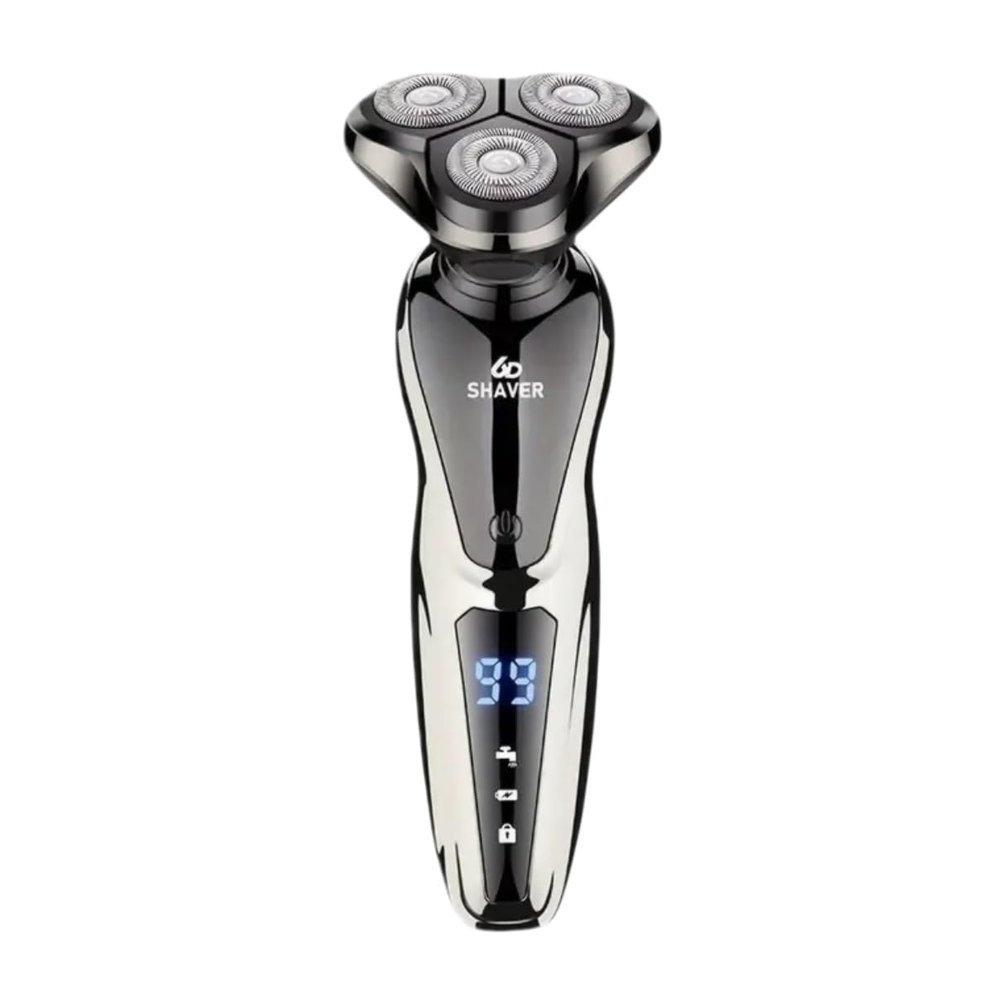 6D Electric Shaver, 3-Head Floating Design, Wet/Dry, Dual-Ring Foil, Removable Blade Head, Rechargeable, Black/Silver