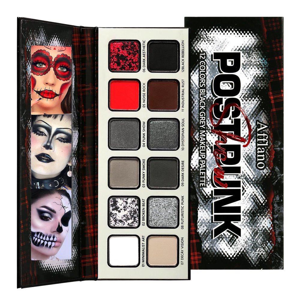 Afflano Goth Makeup Gray Black Eyeshadow Palette, Grunge Smokey Eye Eyeshadow Palette Highly Pigmented, Blendable Chrome Glitter Silver White Grey Dark Red Eye Shadow Palette, Emo SFX Halloween Makeup