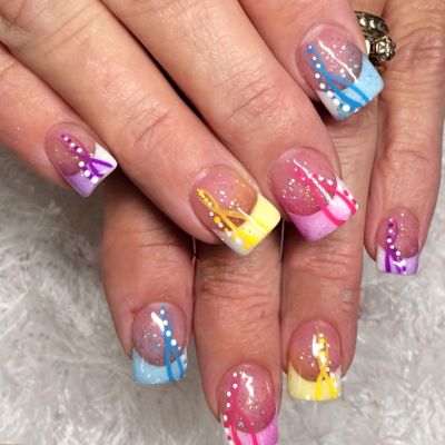 24pcs French Tip Press Nails Line Design Short Square Fake Nails Yellow Pink Blue Purple French Glue On Nails Glossy Full Coverage Acrylic Nails for Women Summer Nail Art Supplies