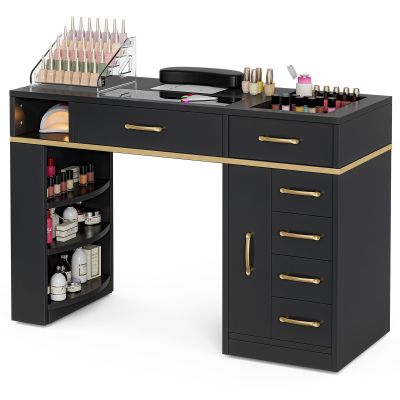 Belandi Manicure Table Nail Station for Nail Tech, Glass Top Nail Table w/Electric Dust Collector, 7 Drawers & Shelves, Nail Beauty Workstation w/Wrist Cushion, Acrylic Display Stand(Black Vision)