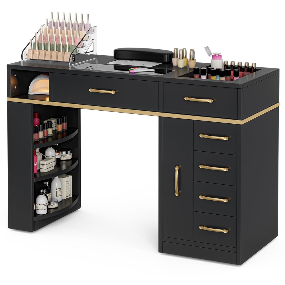 Belandi Manicure Table Nail Station for Nail Tech, Glass Top Nail Table w/Electric Dust Collector, 7 Drawers & Shelves, Nail Beauty Workstation w/Wrist Cushion, Acrylic Display Stand(Black Vision)