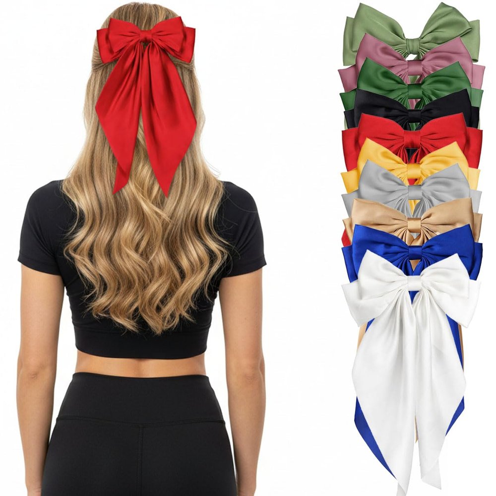 10PCS Large Satin Hair Bows for Girls & Women  Oversized Long Tail Ribbon Bow Clips with French Barrettes  Big Silky Hair Accessories for Ponytails, School, Cheer, Wedding & Daily Fashion Looks