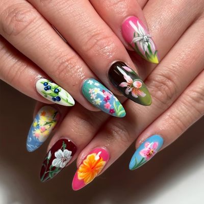 24Pcs Flower Medium Almond Fake Nails Summer Colorful Floral Press on Nails Various Patterns Glue on Nails Reusable Acrylic Nails For Women Nail Art Supplies