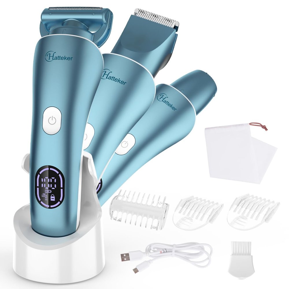 Hatteker Women's Electric Shaver Bikini Trimmer Hair Trimmer for Women Electric Razor for Legs Bikini Underarm Public Hairs Led Display IPX7 Waterproof Gift for Women (Blue)