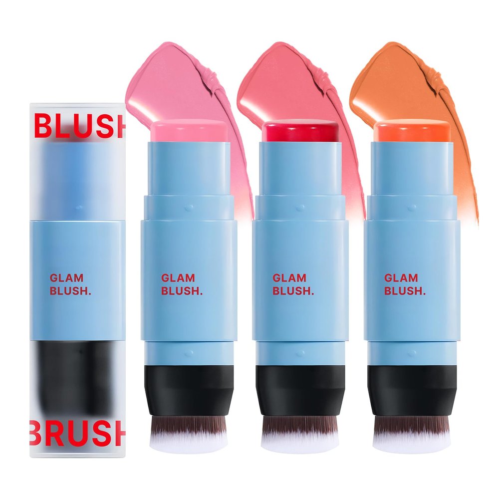 3 Colors Cream Blush Stick with Brush,Waterproof Multi Cream Makeup Stick,Lightweight,Long-lasting,2 in 1 Multi Blush for Cheeks & Lip Tint & Eyeshadow Makeup 04