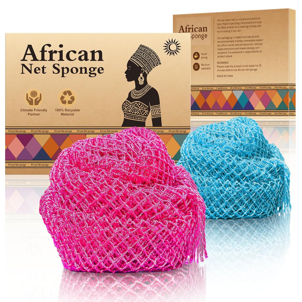 SpiralScgv African Net Bath Sponge, Premium Body Exfoliator, Rose Red Blue, Nylon, 2 Pack, Gentle Scrub for Dry Sensitive Skin
