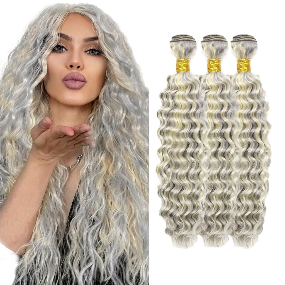 PGrey/613 Grey Bundles Human Hair Deep Wave Bundles Human Hair 30 32 34 Inch Blonde Brazilian Hair 3 Bundle Unprocessed Virgin Remy Hair Extensions 50 Gram Per Bundle