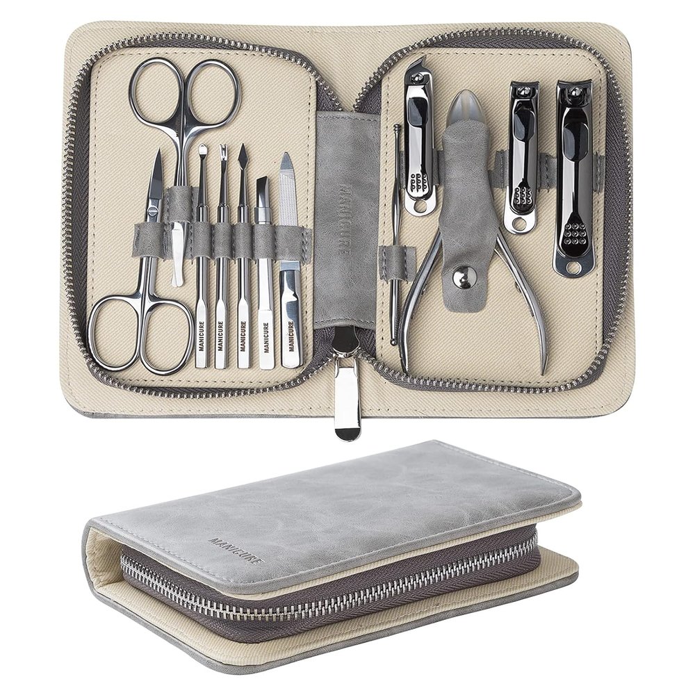 Apexay 12-Piece Manicure & Grooming Kit Stainless Steel Nail Clippers, Cuticle Tools, Nose & Ear Scissors in Travel-PU Leather Case