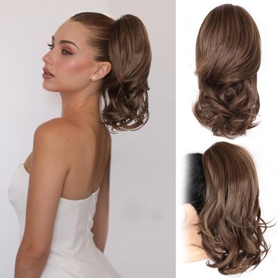 14 Inch Ponytail Extension - Clip in Ponytail Hair Extensions, Curly Wavy Pony Tails Hair Extensions, Synthetic Claw Clip Ponytail Extension for Women (Color: Medium Brown Mixed Honey Blonde)