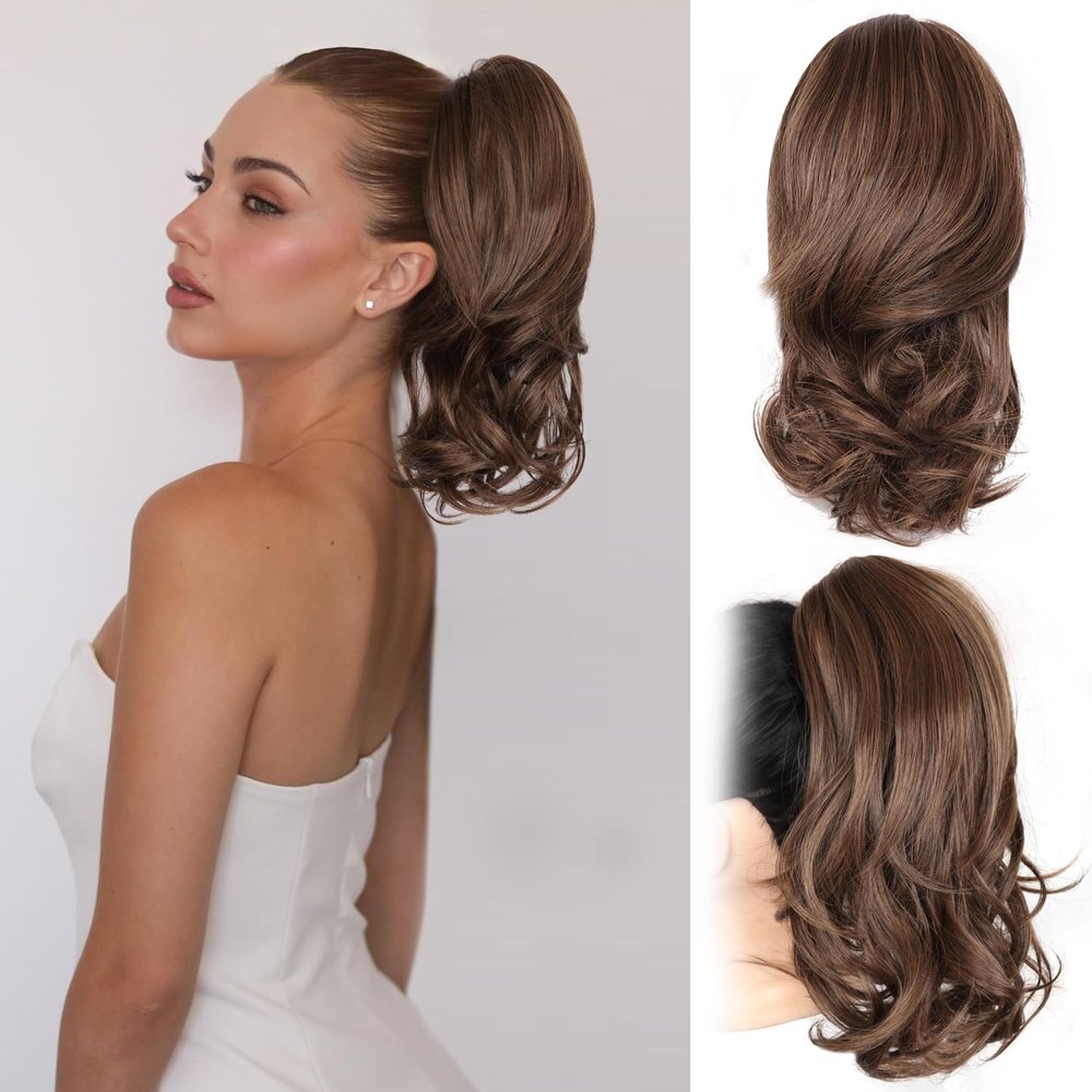 14 Inch Ponytail Extension - Clip in Ponytail Hair Extensions, Curly Wavy Pony Tails Hair Extensions, Synthetic Claw Clip Ponytail Extension for Women (Color: Medium Brown Mixed Honey Blonde)