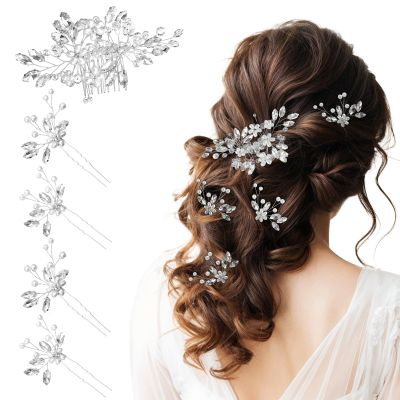 5 Pcs Babys Breath Hair Pins Pearl Hair Pins Bridal Headpiece With Hairs Piece For Brides Faux Pearl Crystal Comb Clips U-Shaped Flower Rhinestone Silver For Wedding Prom Bride Bridesmaid Christmas