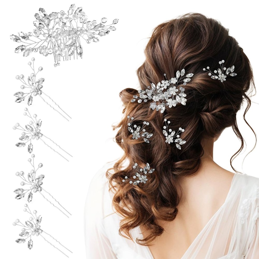 5 Pcs Babys Breath Hair Pins Pearl Hair Pins Bridal Headpiece With Hairs Piece For Brides Faux Pearl Crystal Comb Clips U-Shaped Flower Rhinestone Silver For Wedding Prom Bride Bridesmaid Christmas