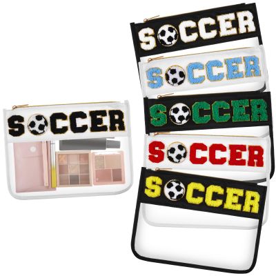 Aliceset 6 Pcs Soccer Chenille Letter Preppy Patch Makeup Snack Bags, Gift for Women Waterproof PVC Cosmetic Organizer Storage, Flat Clear Portable Toiletry Zipper Pouch(Black, White)