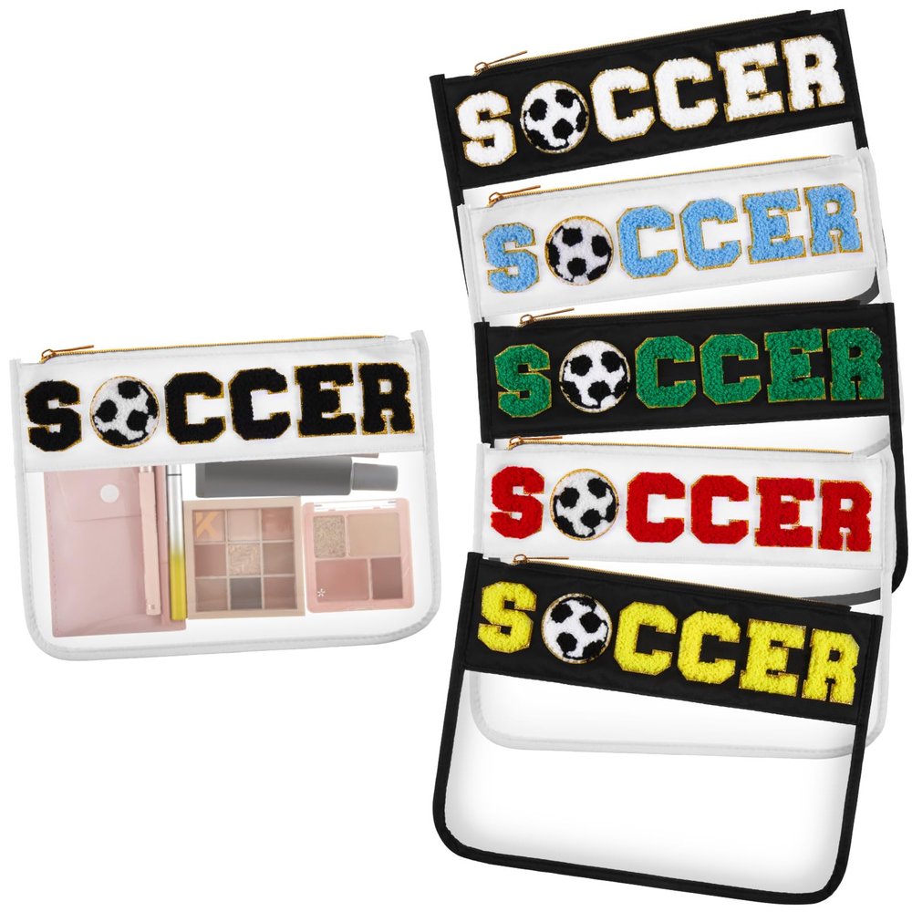 Aliceset 6 Pcs Soccer Chenille Letter Preppy Patch Makeup Snack Bags, Gift for Women Waterproof PVC Cosmetic Organizer Storage, Flat Clear Portable Toiletry Zipper Pouch(Black, White)