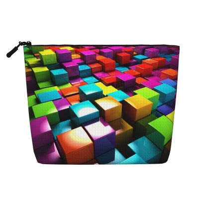 GDSHJKLW Linen Makeup Bag For Women, Waterproof Travel Cosmetic Organizer Lightweight Zipper Travel Toiletry Bag Organizer 3d Colorful Cubes Makeup Brushes Storage Bag