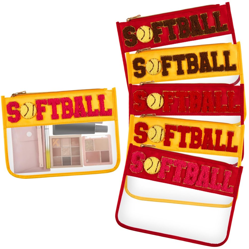 Aliceset 6 Pcs Softball Chenille Letter Preppy Patch Makeup Snack Bags, Gift for Women Waterproof PVC Cosmetic Organizer Storage, Flat Clear Portable Toiletry Zipper Pouch(Red, Yellow)