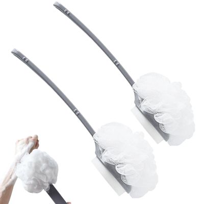 2Pcs Long Handle 2 in 1 Bath Brushes, Shower Body Brush with Sponge and Loofah,Back Scrubber Bath Mesh Sponge with Curved Long Handle for Skin Exfoliating Bath, Suitable for Wet or Dry (White)