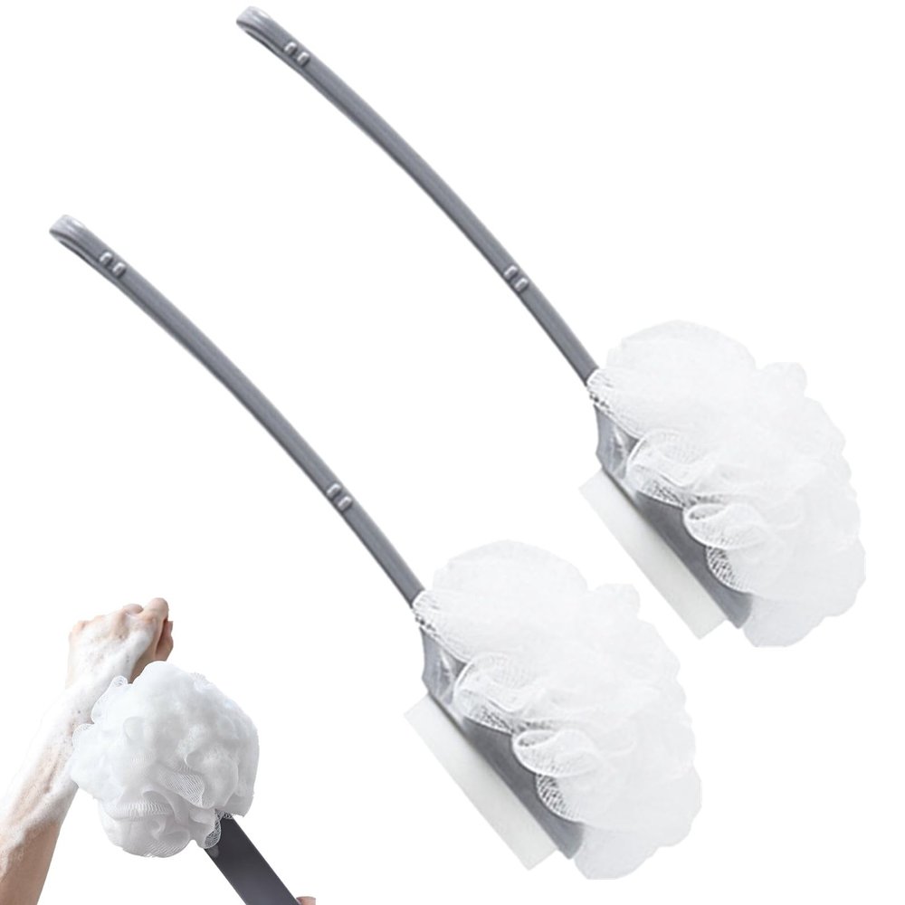 2Pcs Long Handle 2 in 1 Bath Brushes, Shower Body Brush with Sponge and Loofah,Back Scrubber Bath Mesh Sponge with Curved Long Handle for Skin Exfoliating Bath, Suitable for Wet or Dry (White)