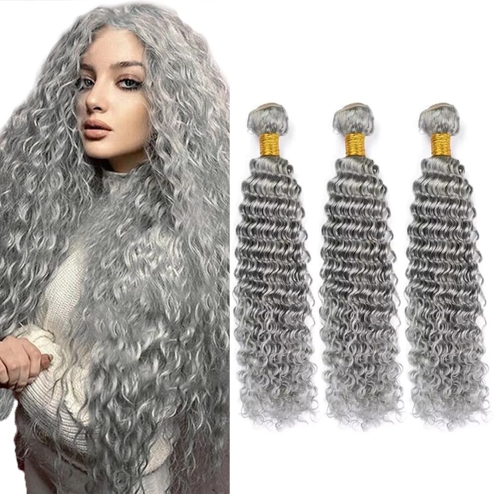 Grey Bundles Water Wave Bundles Human Hair 26 28 30 Inch Unprocessed Brazilian Virgin Weave Hairs Gray 3 Bundle 50 Gram Per Bundle Human Hair Extensions