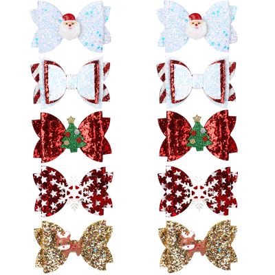 10Pcs Christmas Hair Bows for Girls in 5 Styles Christmas Hair Clips for Women Barrettes Sequined Bow Snowflake Santa Claus Elk Reindeer Cute Holiday Accessories Clip Holiday Hairpin