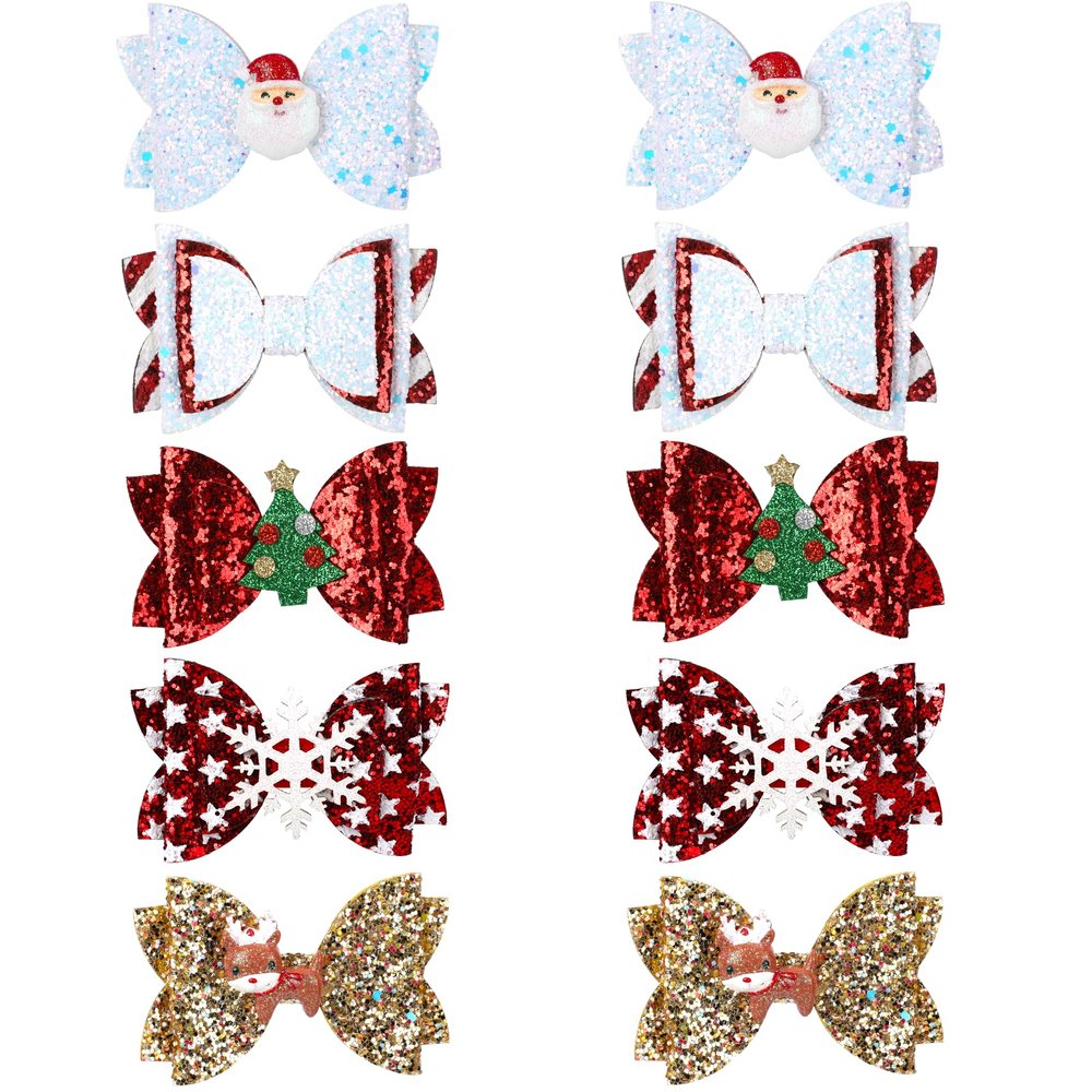 10Pcs Christmas Hair Bows for Girls in 5 Styles Christmas Hair Clips for Women Barrettes Sequined Bow Snowflake Santa Claus Elk Reindeer Cute Holiday Accessories Clip Holiday Hairpin
