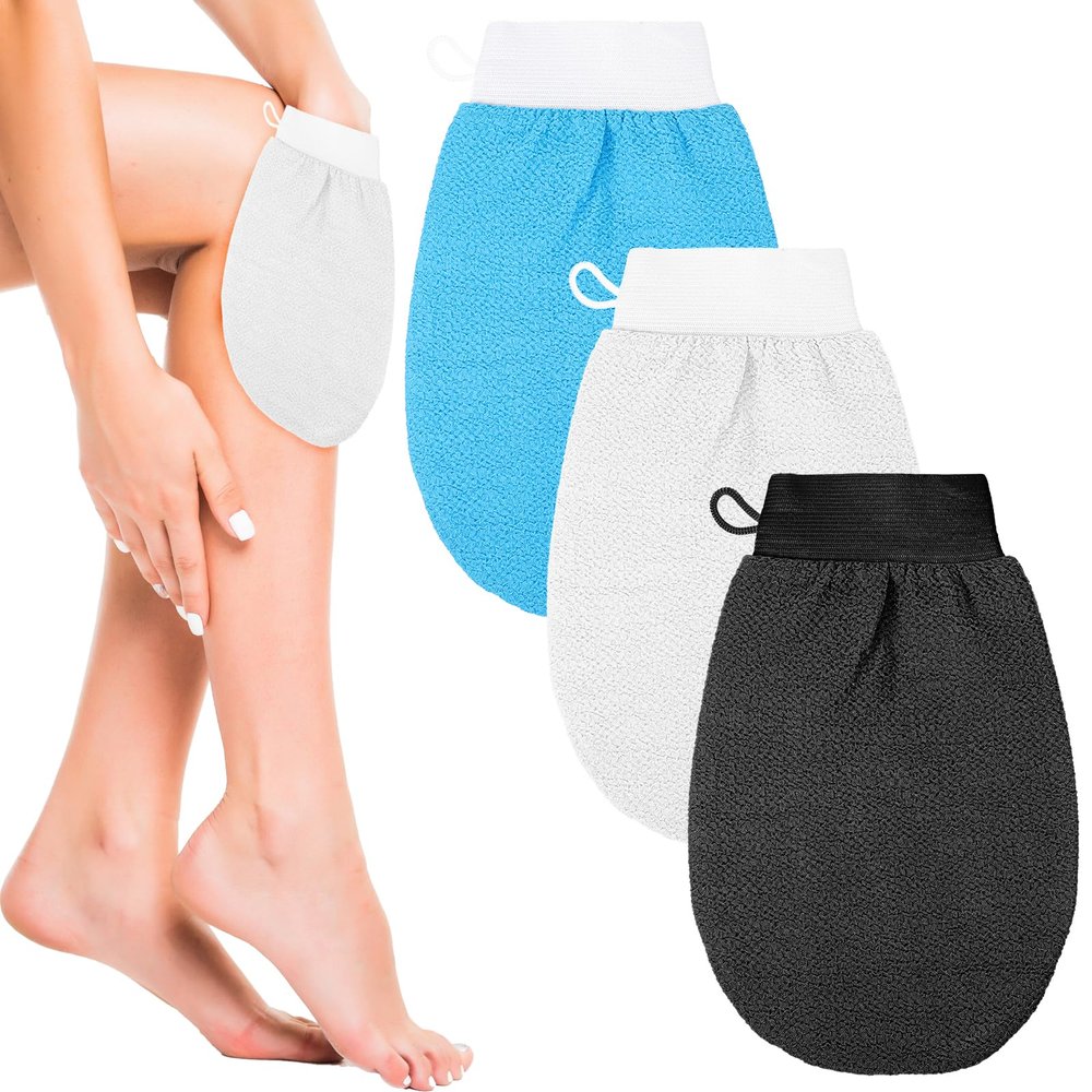 3 PCS Shower Scrub Gloves Korean Exfoliating Mitt Deep Exfoliating Glove Body Premium Bath Scrub Wash Mitt for Women Men Smooth Skin Bath Spa Tan Remover Keratosis Pilaris
