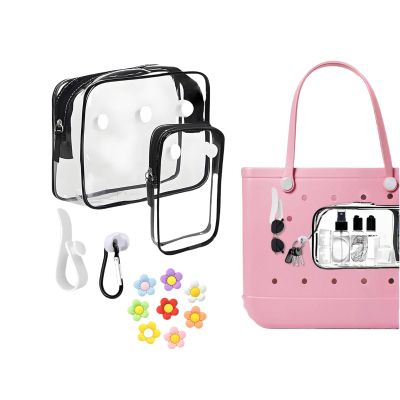 12 PCS Bogg Bag Accessories, 2 Pack Clear Bogg Beach Tote Bag with 2 Insert Hooks,8 PCS Charms for Bogg Bags Travel Makeup Clean Toiletry Brush Organizer Cosmetic Divider Storage Inner Pouch(Black)