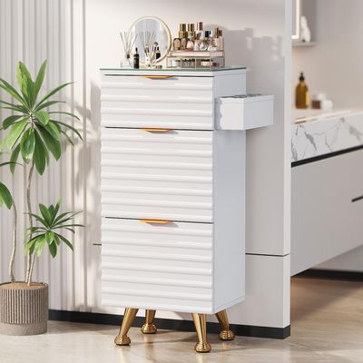 Professional Salon Station with Tempered Glass Top, 3 Drawers Hair Stylist & Barber Storage Cabinet with Heat Resistant Tool Holders, Beauty Spa & Home Organizer, White