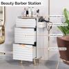 Professional Salon Station with Tempered Glass Top, 3 Drawers Hair Stylist & Barber Storage Cabinet with Heat Resistant Tool Holders, Beauty Spa & Home Organizer, White view 3