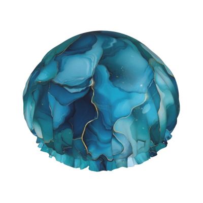 Large Shower Caps for Women Reusable - Ocean Marble Texture Print Double Layer Hair Cap for Shower with Peva Lining and Elastic Rope