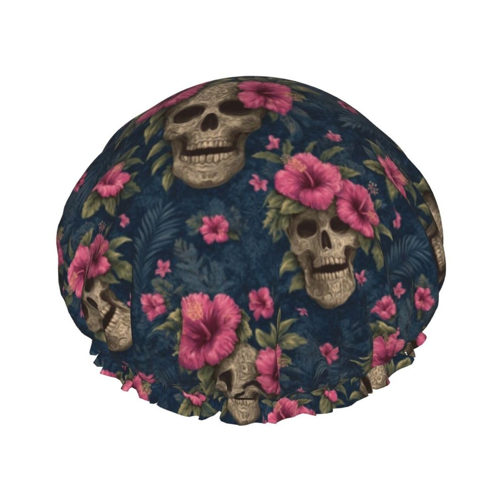 Large Shower Caps for Women Reusable - Hawaiian Pink Flower Skull Print Double Layer Hair Cap for Shower with Peva Lining and Elastic Rope