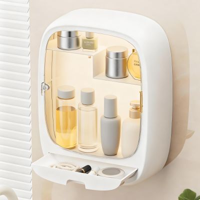 Acshio Bathroom Wall Organizer for Vanity, Wall Mount Dustproof Cosmetics Makeup Storage Holder with Drawer, Multifunctional Hair Accessories Skincare Storage Box for Bathroom
