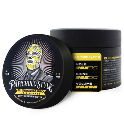 Papichulo Style Deluxe Pomade El Original Pro Medium Hold, Medium Shine, Adds Volume Infused with Keratin & Biotin Water-Based, Flake-Free, Easy Washout, Paraben-Free Made in USA - 4 oz
