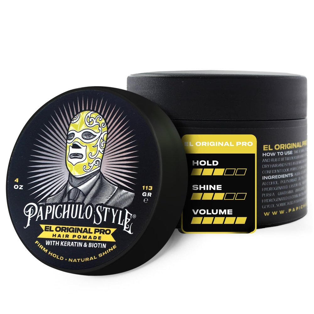 Papichulo Style Deluxe Pomade El Original Pro Medium Hold, Medium Shine, Adds Volume Infused with Keratin & Biotin Water-Based, Flake-Free, Easy Washout, Paraben-Free Made in USA - 4 oz