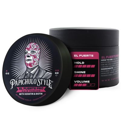 Papichulo Style Deluxe Pomade El Fuerte Pro  Strong Hold, High Shine, Adds Volume  Infused with Keratin & Biotin  Water-Based, Flake-Free, Easy Washout, Paraben-Free  Made in USA - 4 oz