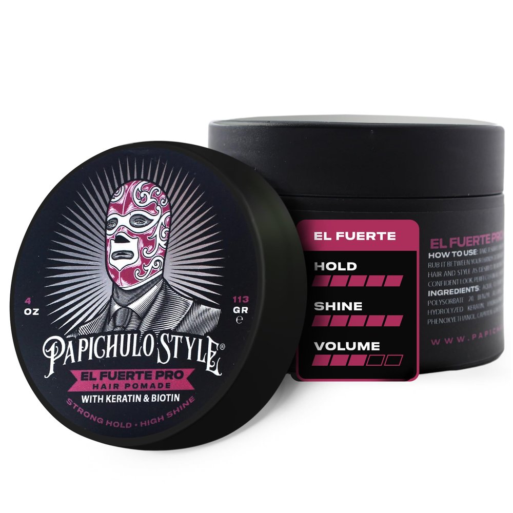 Papichulo Style Deluxe Pomade El Fuerte Pro Strong Hold, High Shine, Adds Volume Infused with Keratin & Biotin Water-Based, Flake-Free, Easy Washout, Paraben-Free Made in USA - 4 oz
