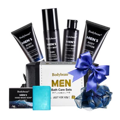 Bodybeau Men's Bath and Body Spa Gift Set - 7-Piece Kit with Daily Care 3-in-1 Wash, 2-in-1 Handmade Soap & Travel Bag - Father's Day/Birthday/Christmas Gifts for Dad, Husband Son from Family