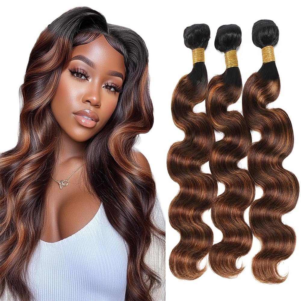 Ombre Body Wave Bundles Human Hair Double Weft Brazilian Hair Extensions Ombre Two Tone Brown Mixed With Color 30 Body Wave Bundles for Women 22 24 26 inch