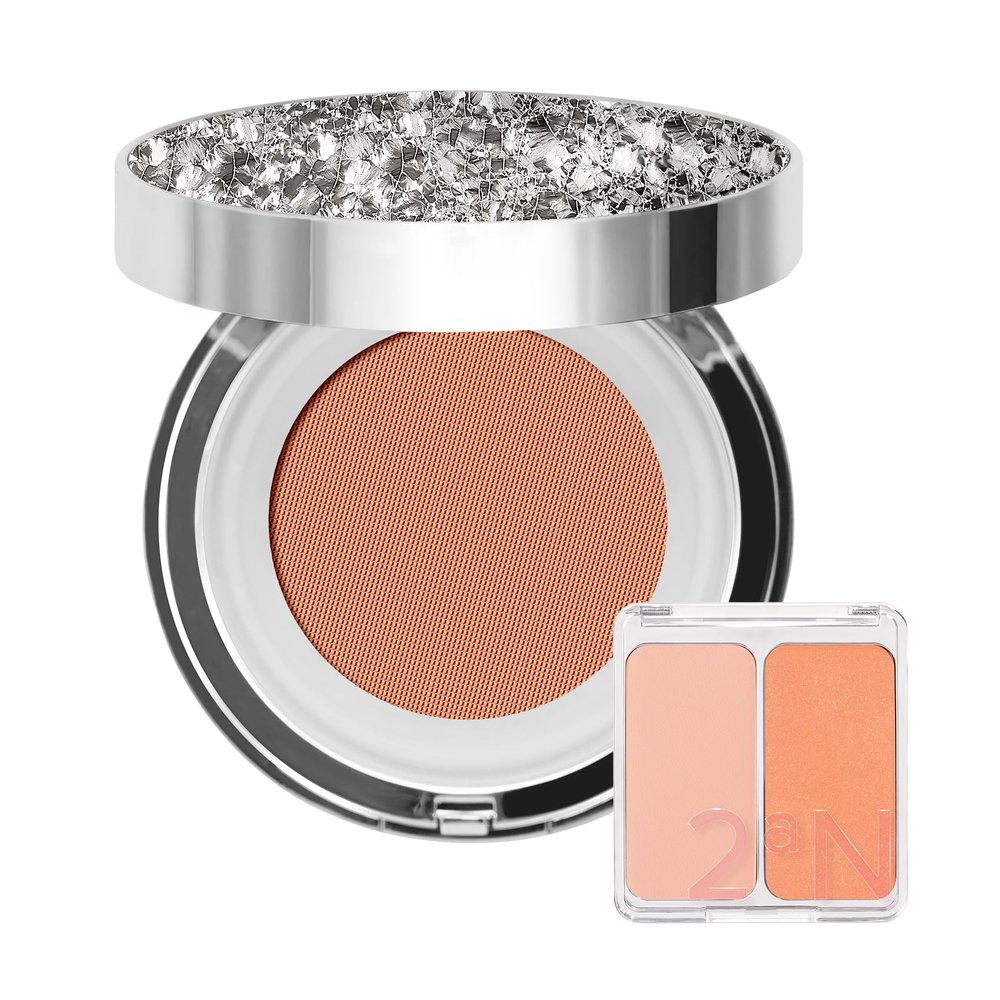 2aN Gleaming Tension Cushion Foundation Pact (#27 Soft Amber) + Dual Cheek Blusher (Orange Flare) Peachy Glow Makeup Set