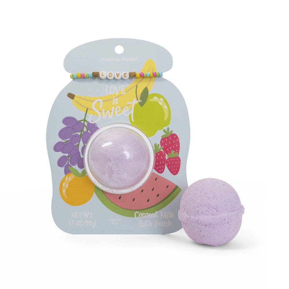 CAIT + CO Love is Sweet Bath Bomb & Friendship Bracelet Gift Set Coconut Milk Scented Purple Bath Fizzle (3.5 oz) with Beaded LOVE Bracelet - Sweet & Relaxing Gift for Teens, Women