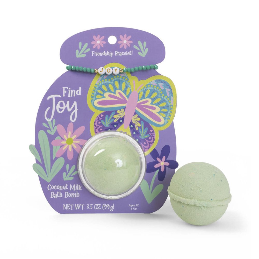 CAIT + CO "Find Joy Bath Bomb & Friendship Bracelet Gift Set Coconut Milk Scented Green Bath Fizzle (3.5 oz) with Beaded JOY Bracelet - Inspirational & Relaxing Gift for Teens, Women