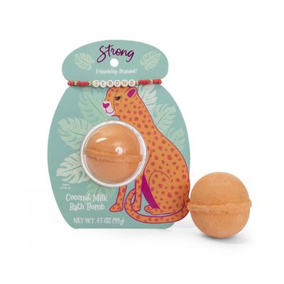 CAIT + CO "Strong Bath Bomb & Friendship Bracelet Gift Set Coconut Milk Scented Orange Bath Fizzle (3.5 oz) with Beaded STRONG Bracelet - Empowering & Relaxing Gift for Teens, Women