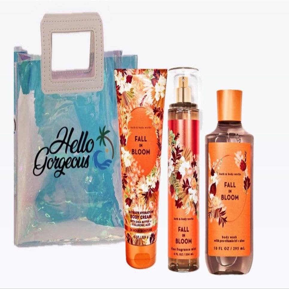 Fall in Bloom - 3 Piece Bundle - White BarnBath Body/Work -Premium Beauty - Full Size and Hello Gorgeous Gift Bag (Packaging May Vary)