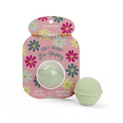 CAIT + CO "Don't Worry, Be Happy Bath Bomb & Friendship Bracelet Gift Set Coconut Milk Scented Green Bath Fizzle (3.5 oz) Beaded SMILE Bracelet - Uplifting & Relaxing Gift for Teens, Women