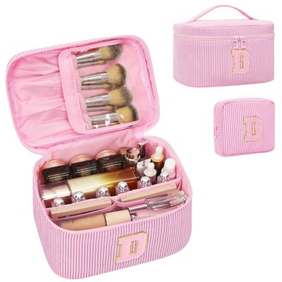 MONSTINA Monogram Cosmetic Bag with Brush Holder,Gifts for Girls Teen Girls-Initial Makeup Bag|Personalized Gifts for Women Friends|Cute Toiletry Make Up Traveling Stuff Organizer 2PCS Pink D