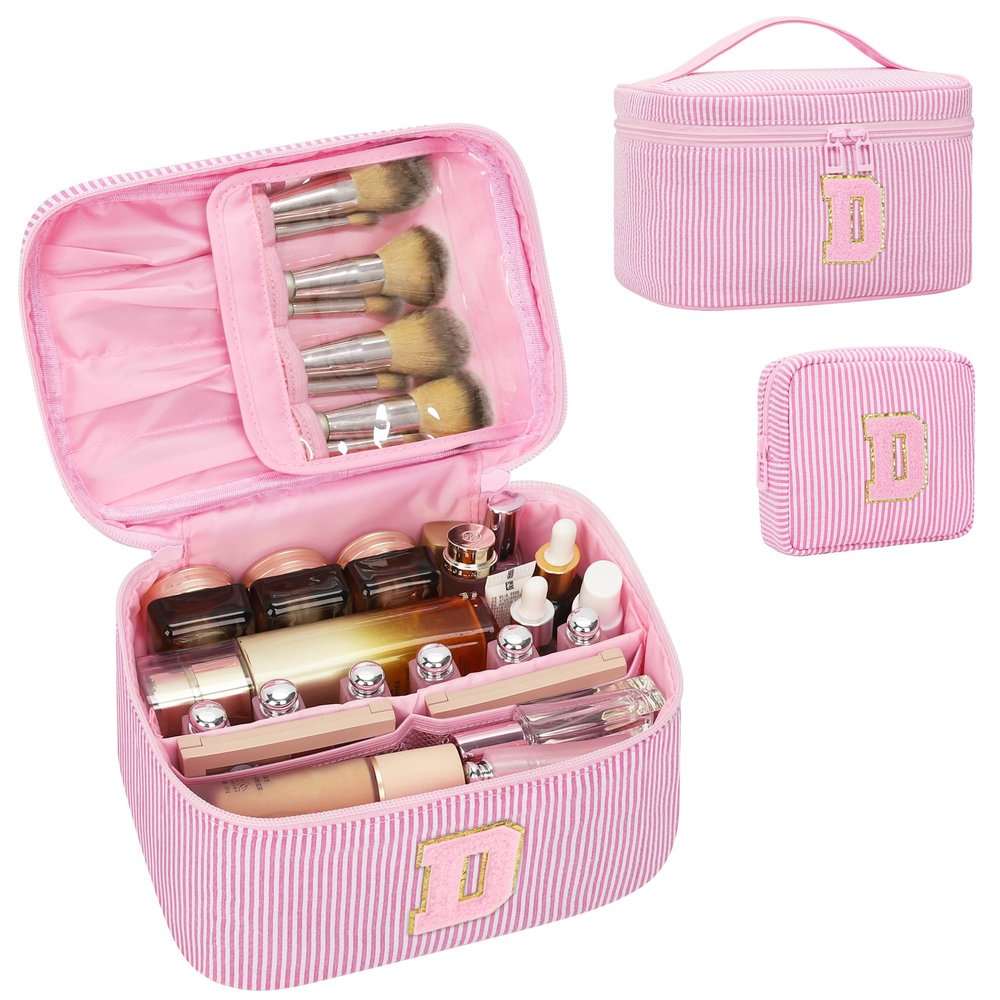 MONSTINA Monogram Cosmetic Bag with Brush Holder,Gifts for Girls Teen Girls-Initial Makeup Bag|Personalized Gifts for Women Friends|Cute Toiletry Make Up Traveling Stuff Organizer 2PCS Pink D