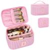 MONSTINA Monogram Cosmetic Bag with Brush Holder,Gifts for Girls Teen Girls-Initial Makeup Bag|Personalized Gifts for Women Friends|Cute Toiletry Make Up Traveling Stuff Organizer 2PCS Pink D view 1