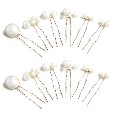 12PCS Pearl U Shaped Hair Pins, Golden Pearl Beads Hair Pins, Bride Wedding Hairpins, 6 Styles Head Dress, Hair Accessories for Women Bride Decoration