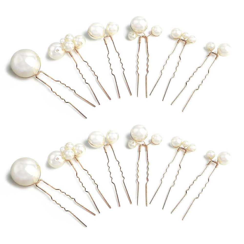 12PCS Pearl U Shaped Hair Pins, Golden Pearl Beads Hair Pins, Bride Wedding Hairpins, 6 Styles Head Dress, Hair Accessories for Women Bride Decoration